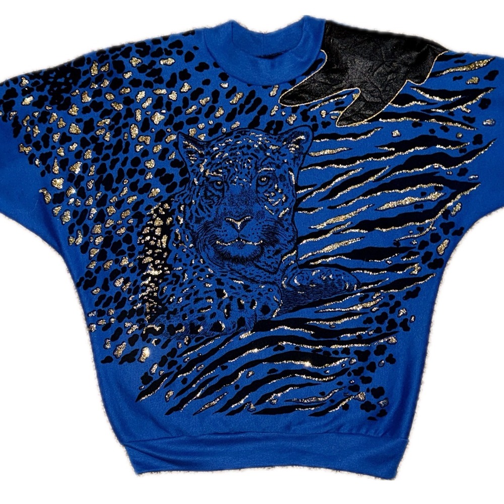 VTG 80s Extravaganza Blue Panther Gold Glitter Top Batwing 3/4 Sleeve Fleece XL